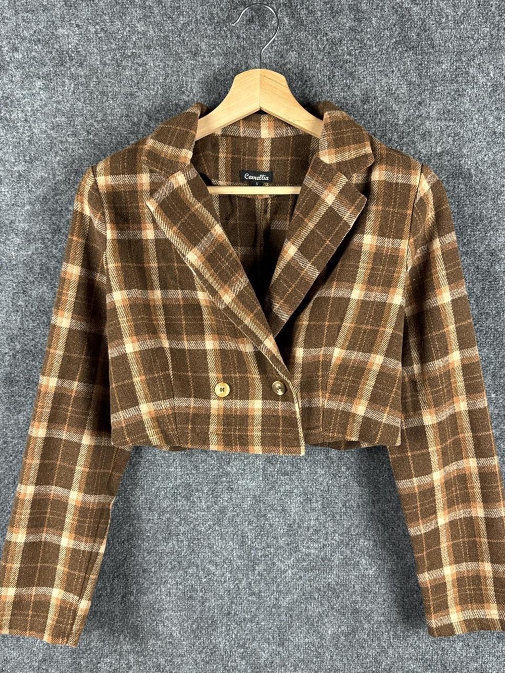NWT Camellia Brown & Cream Plaid Cropped Jacket